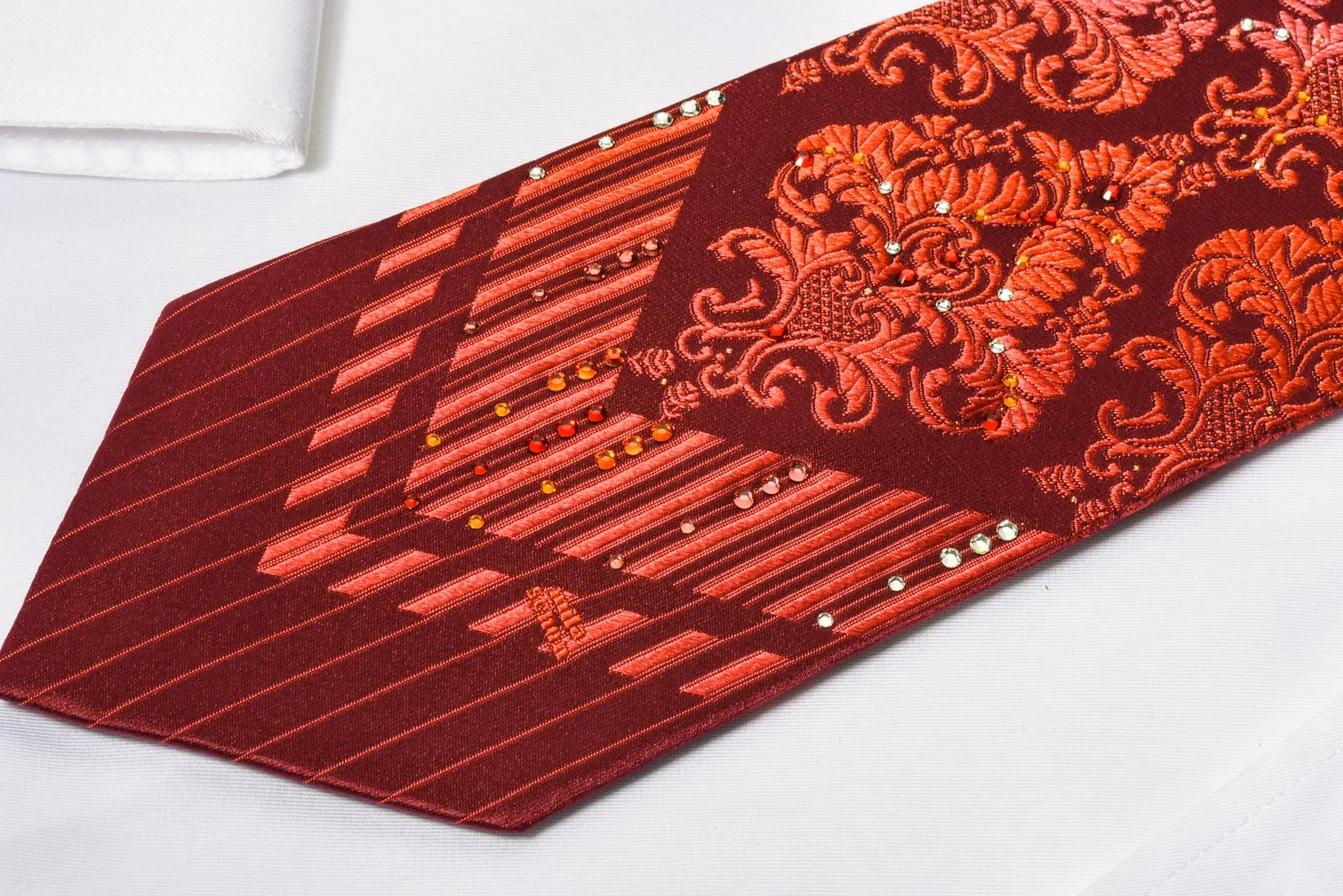 Mila Schon Rhinestone Necktie Damask On Red With Silver Sparkles