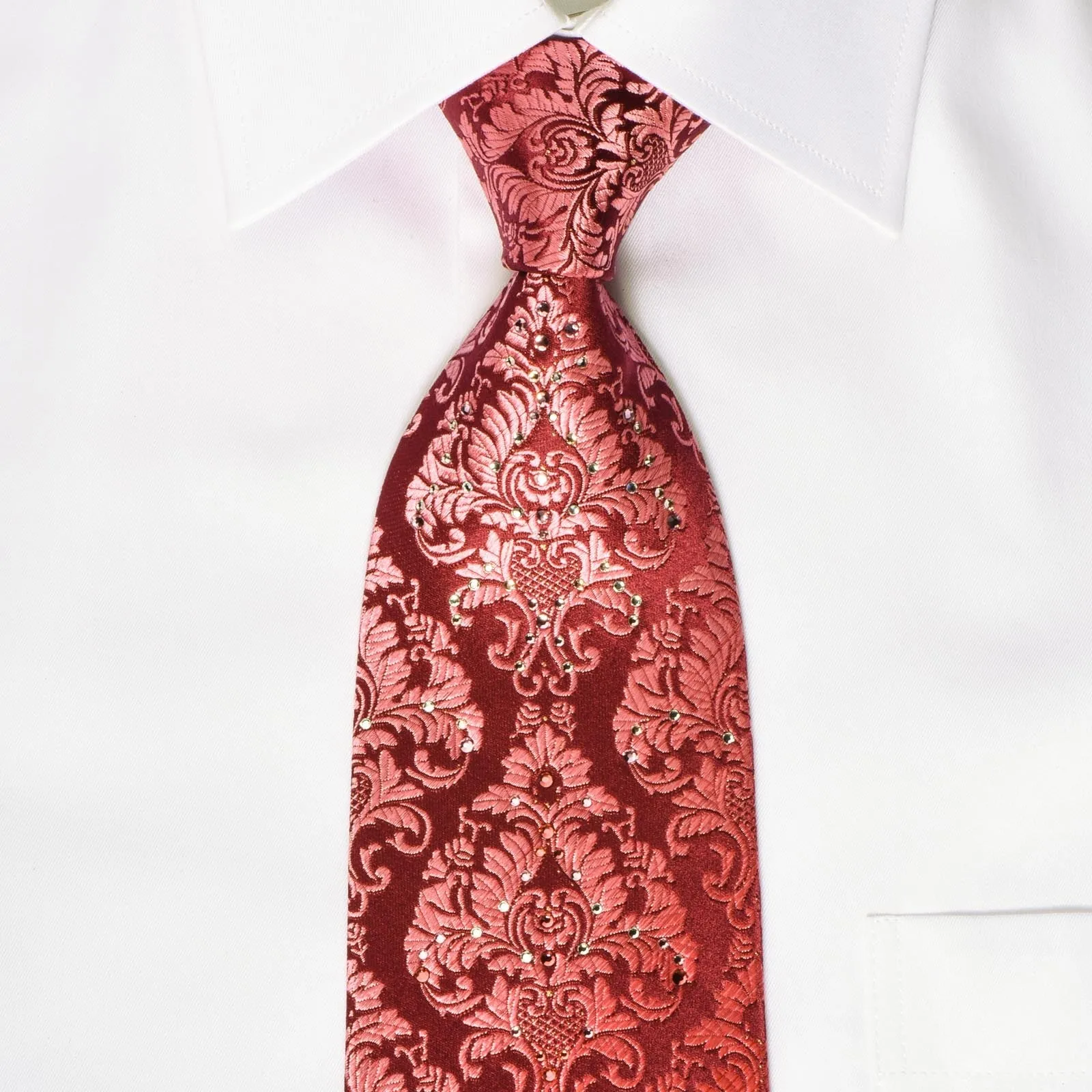 Mila Schon Rhinestone Necktie Damask On Red With Silver Sparkles
