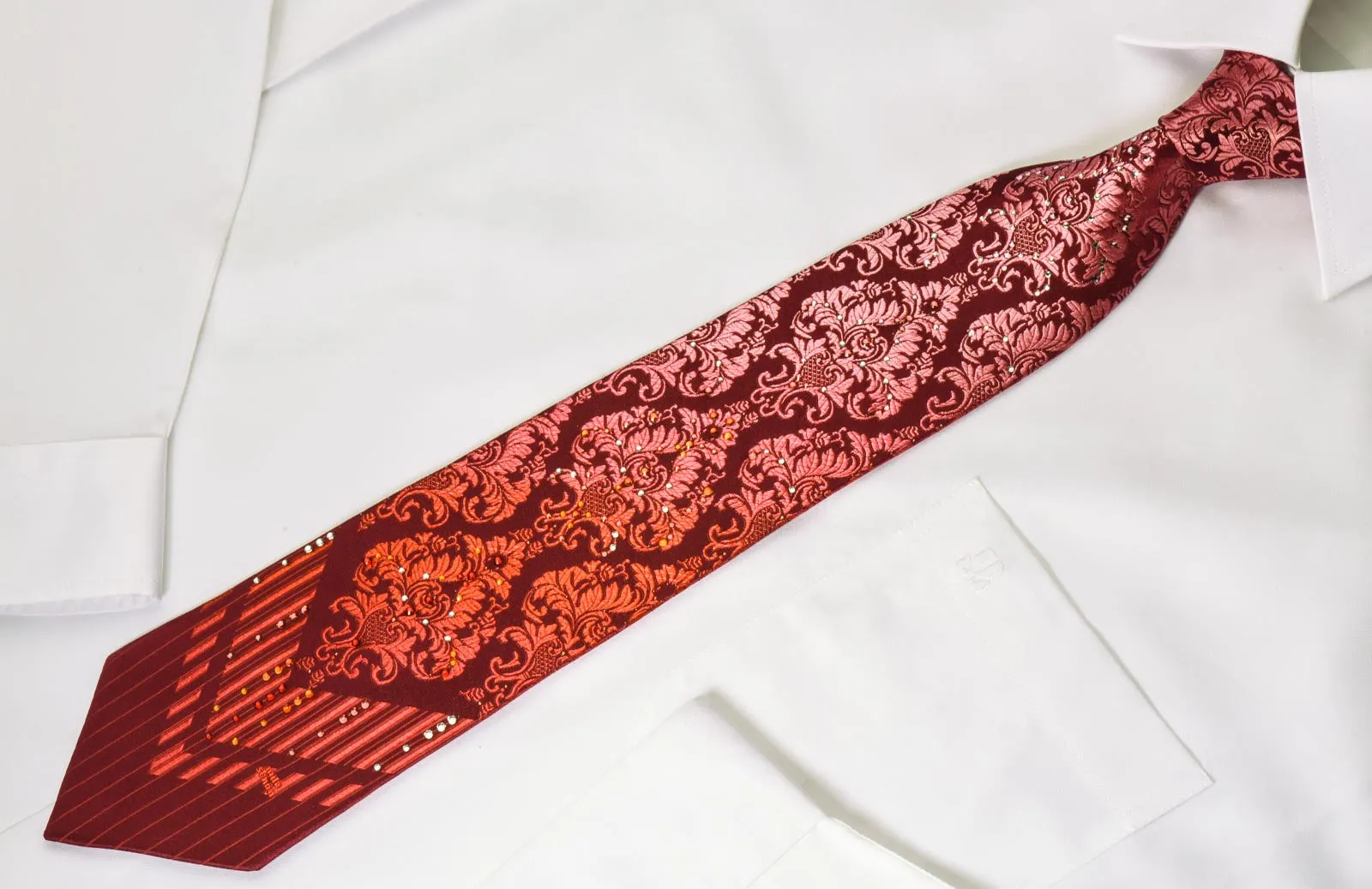 Mila Schon Rhinestone Necktie Damask On Red With Silver Sparkles