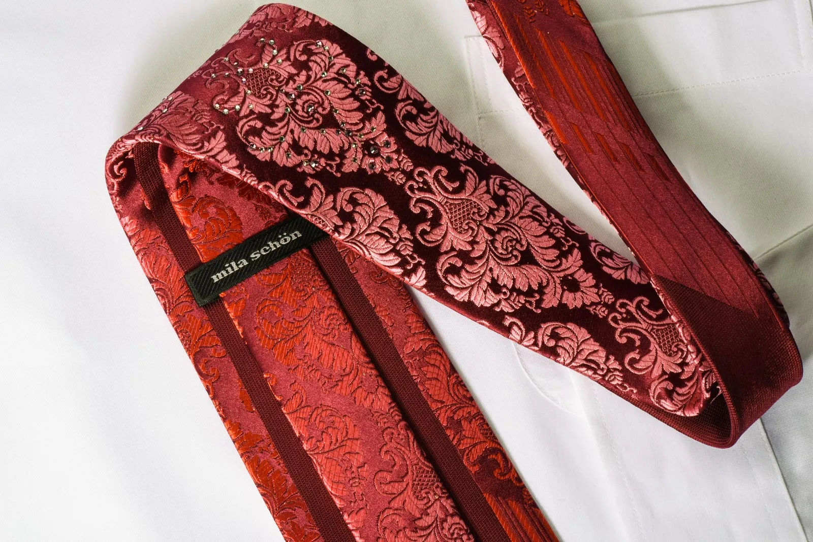 Mila Schon Rhinestone Necktie Damask On Red With Silver Sparkles