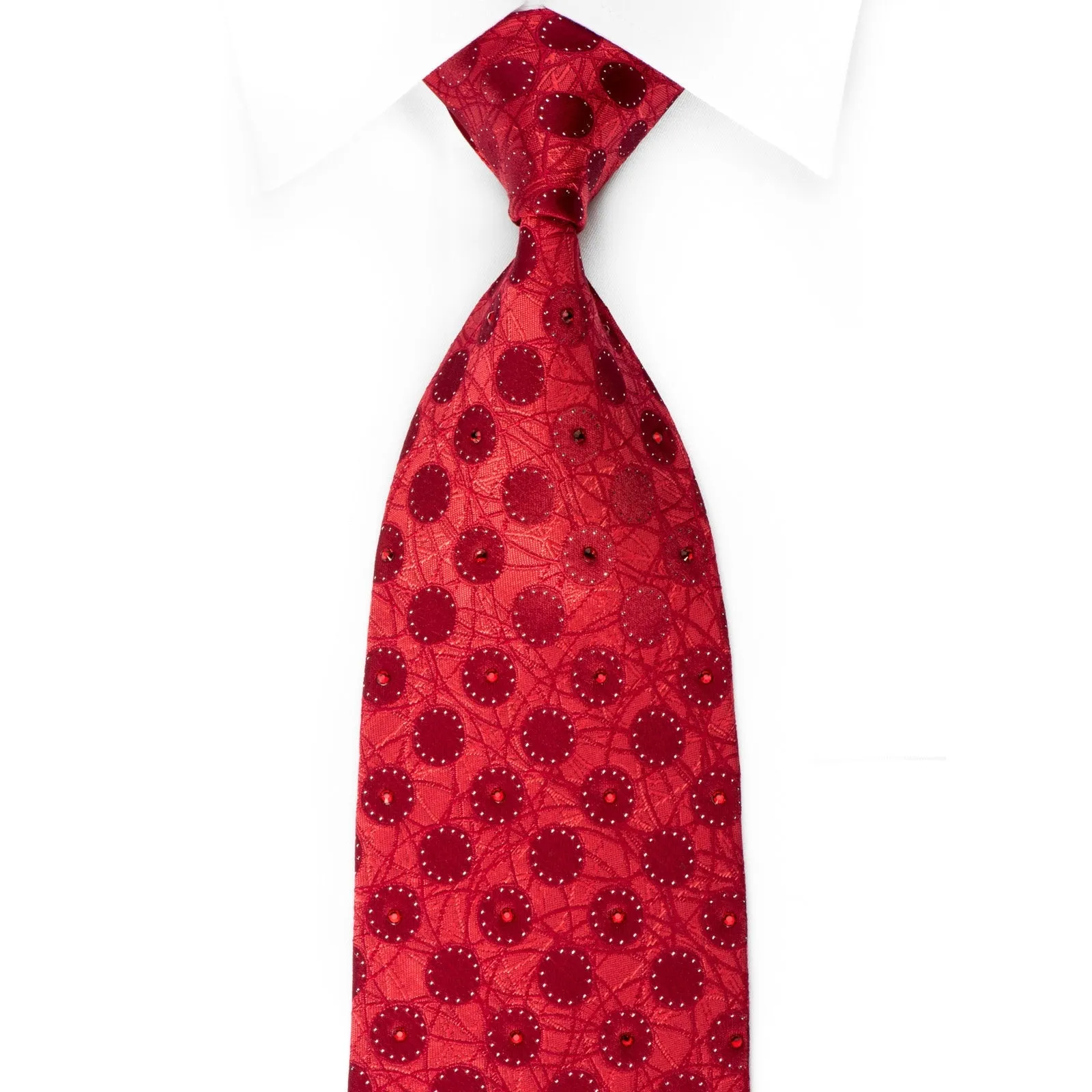 Mila Schon Rhinestone Necktie Geometric Circles On Red With Silver Sparkles