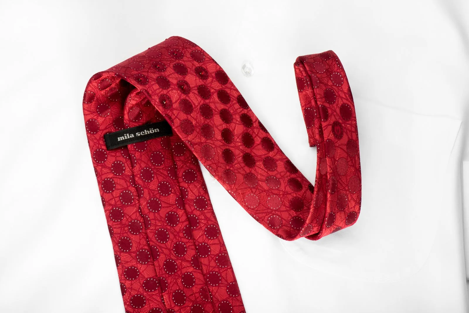 Mila Schon Rhinestone Necktie Geometric Circles On Red With Silver Sparkles