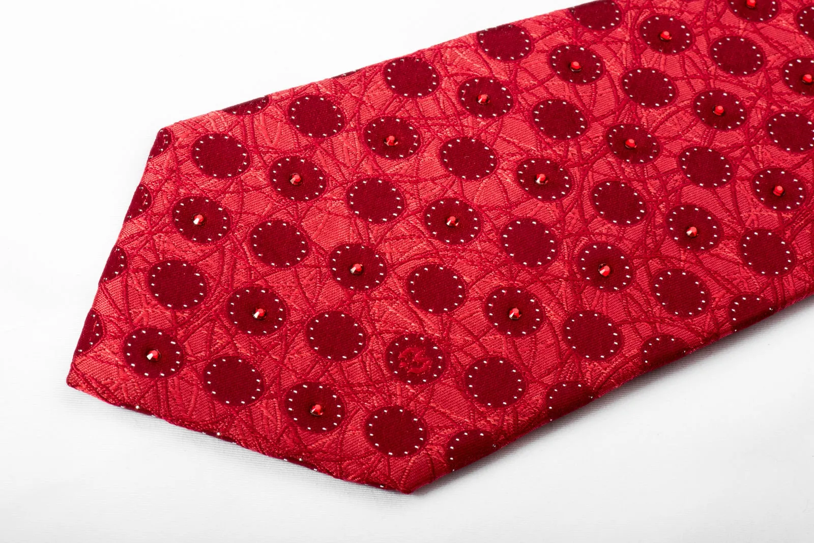 Mila Schon Rhinestone Necktie Geometric Circles On Red With Silver Sparkles