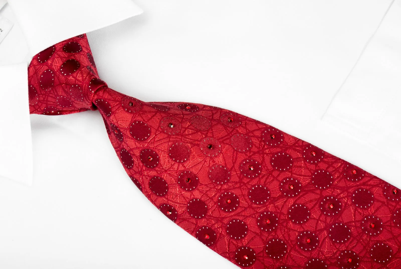 Mila Schon Rhinestone Necktie Geometric Circles On Red With Silver Sparkles