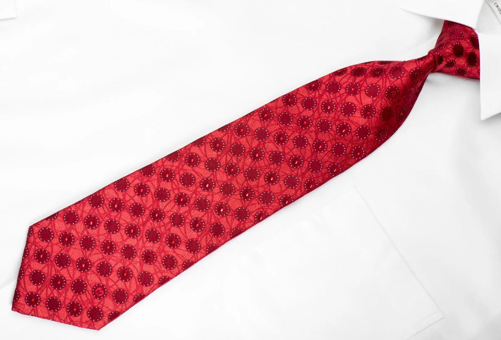 Mila Schon Rhinestone Necktie Geometric Circles On Red With Silver Sparkles