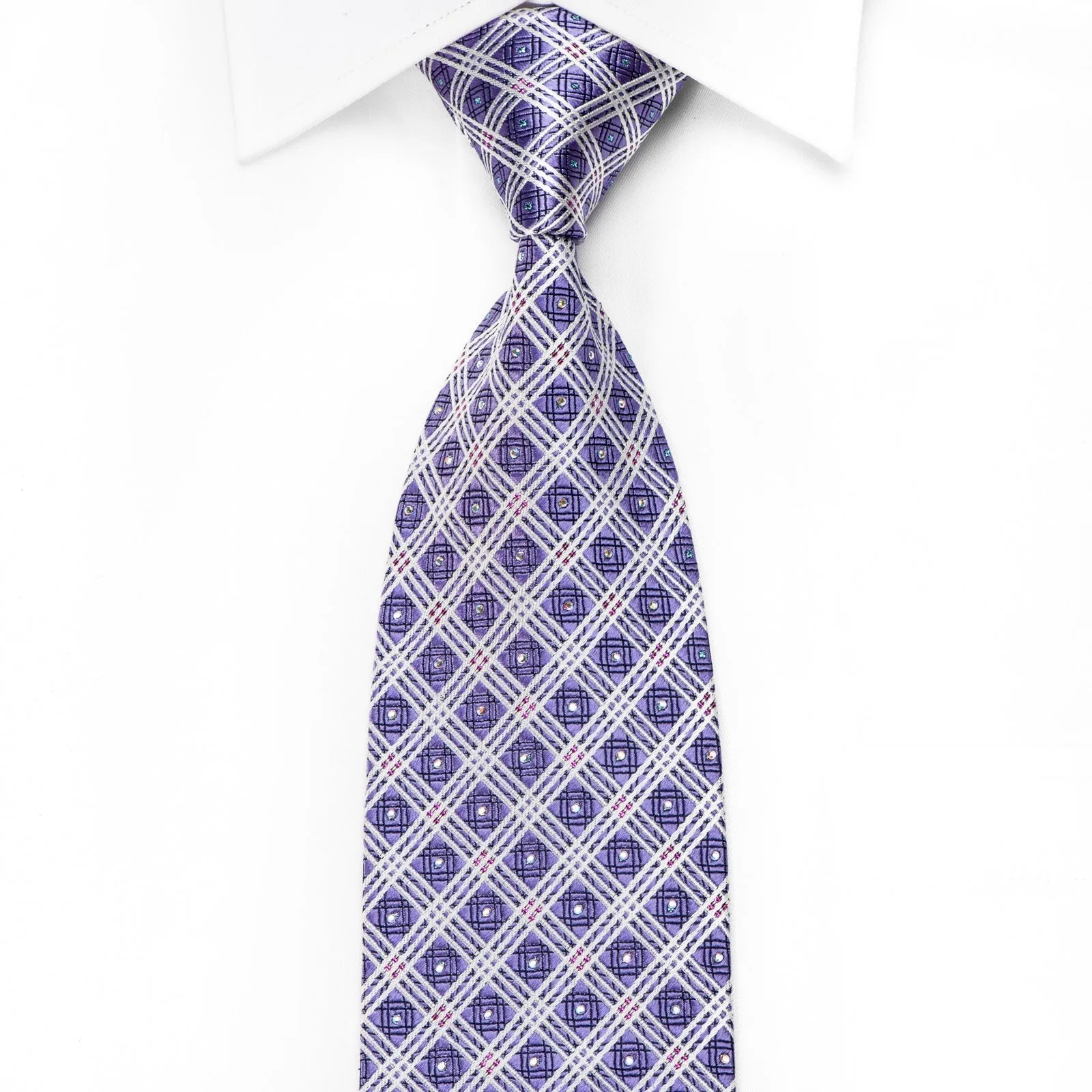 Nicole St Giles Men's Crystal Silk Neckties White Stripes On Mauve With Blue Sparkles