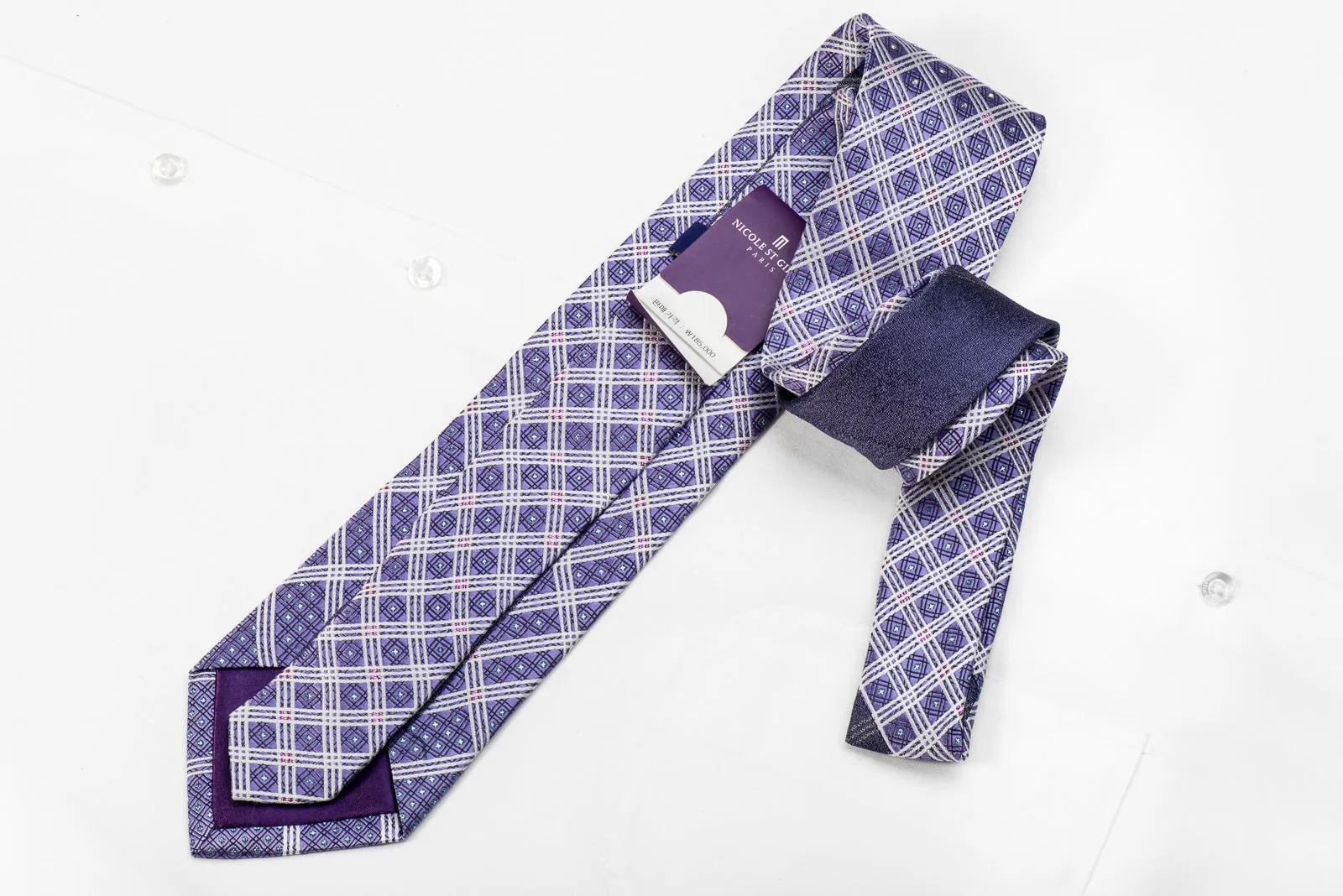 Nicole St Giles Men's Crystal Silk Neckties White Stripes On Mauve With Blue Sparkles