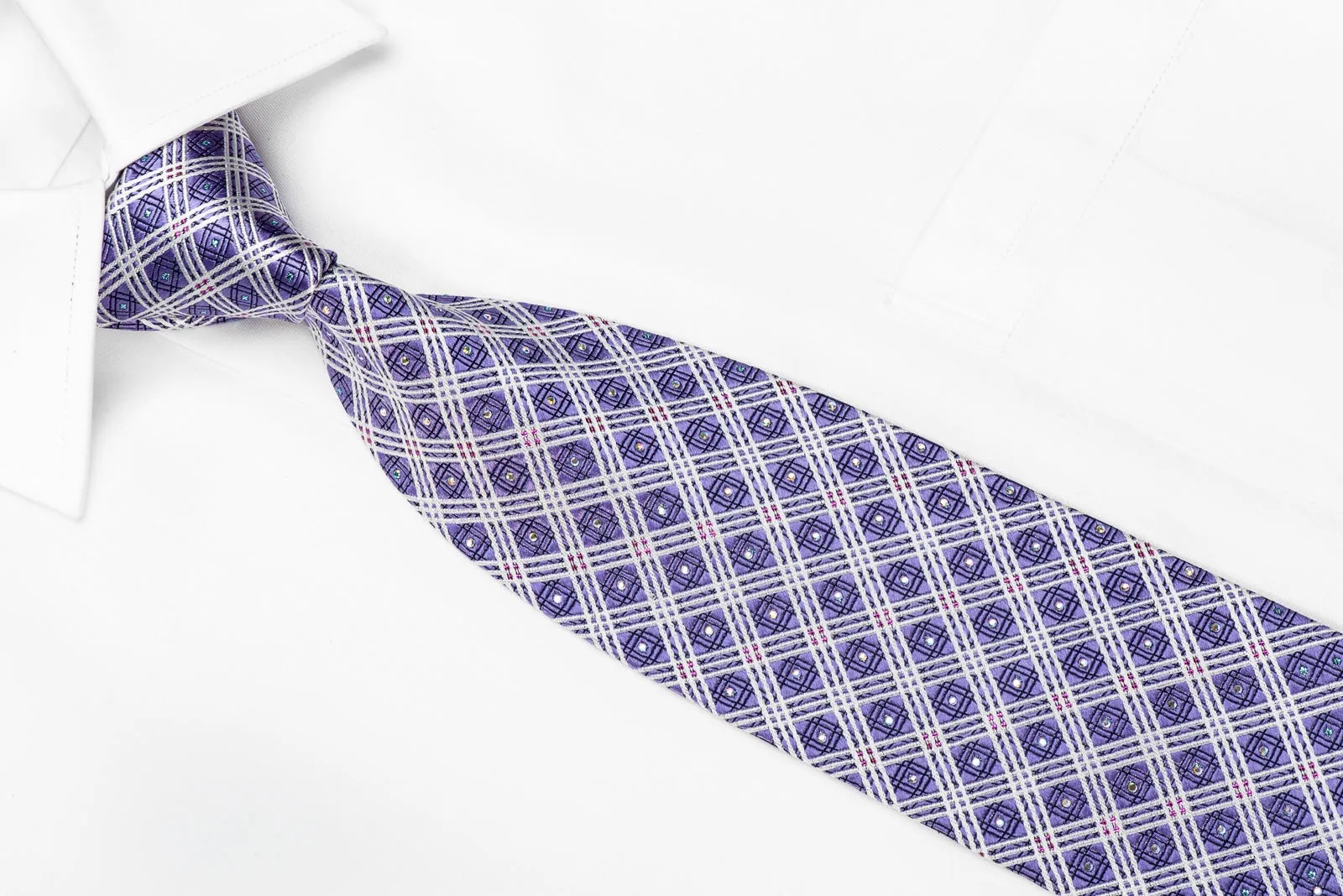 Nicole St Giles Men's Crystal Silk Neckties White Stripes On Mauve With Blue Sparkles