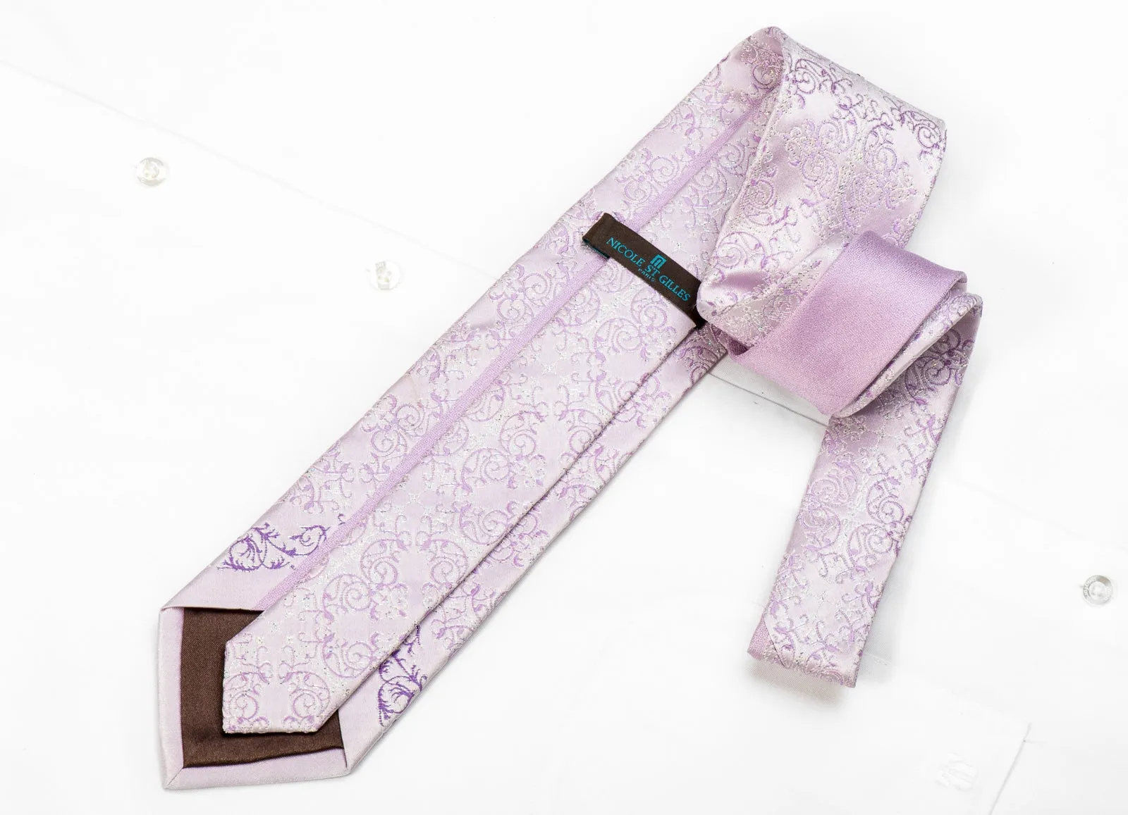 Nicole St Giles Men's Crystal Silk Tie Damask On Pale Violet With Sparkles