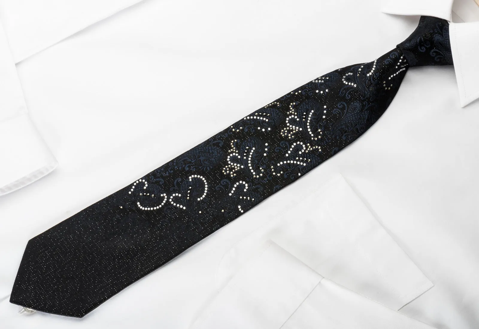 Nicole St Giles Silk Rhinestone Necktie Paisley On Black With Silver Sparkles