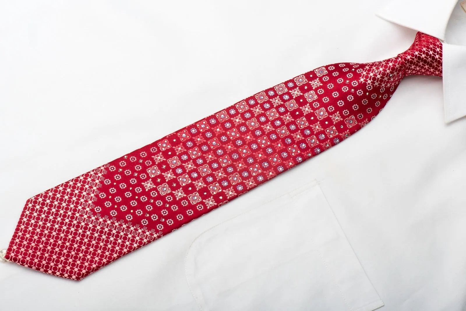 Nina Ricci Men's Silk Necktie Geometric On Red With Crystal Rhinestones