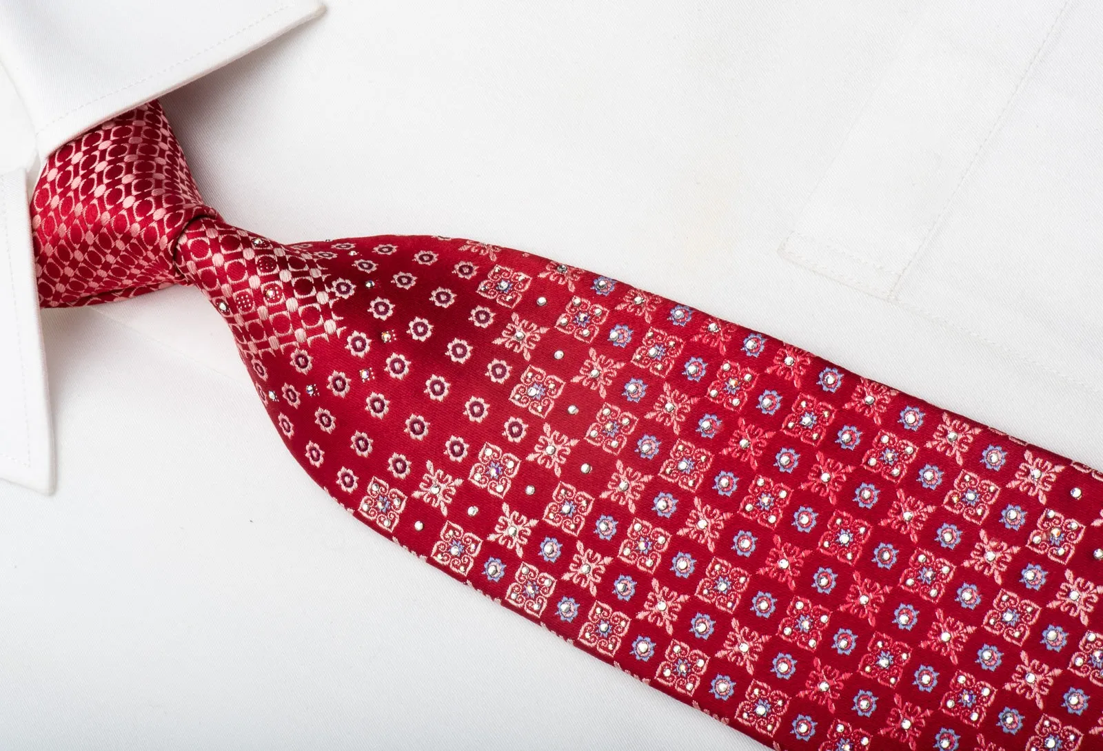 Nina Ricci Men's Silk Necktie Geometric On Red With Crystal Rhinestones