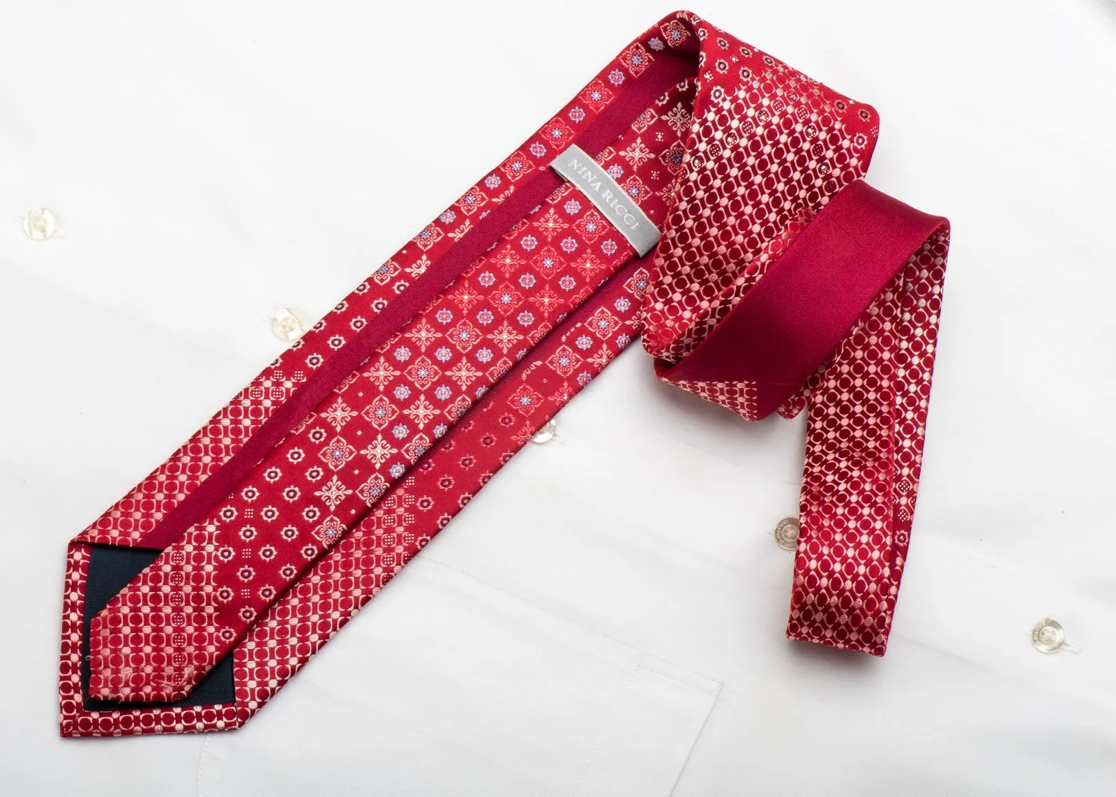 Nina Ricci Men's Silk Necktie Geometric On Red With Crystal Rhinestones