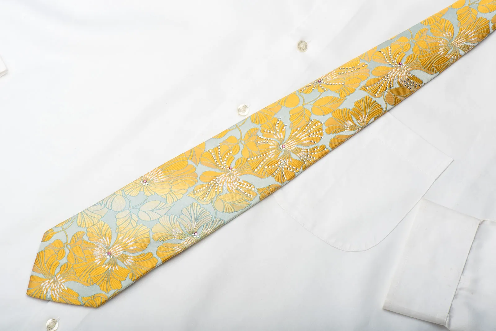 Nina Ricci Men's Silk Tie Orange Floral On Light Blue Sparkling With Rhinestones