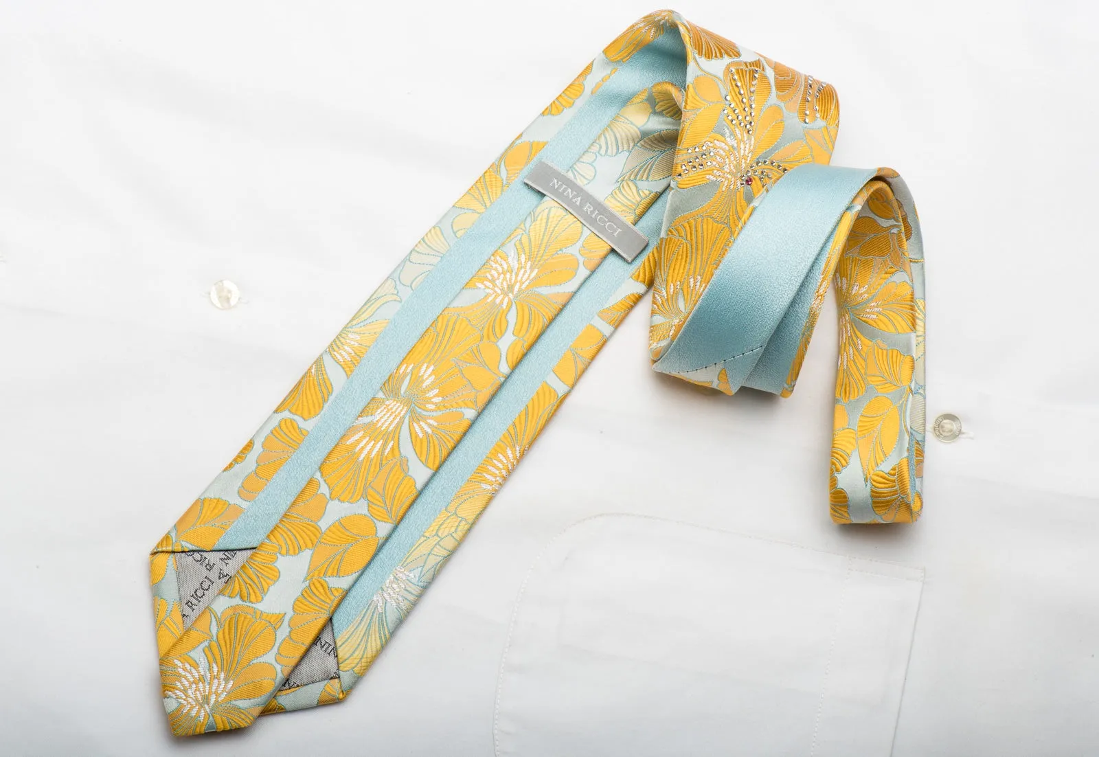 Nina Ricci Men's Silk Tie Orange Floral On Light Blue Sparkling With Rhinestones