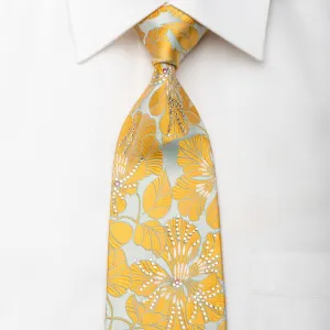 Nina Ricci Men's Silk Tie Orange Floral On Light Blue Sparkling With Rhinestones