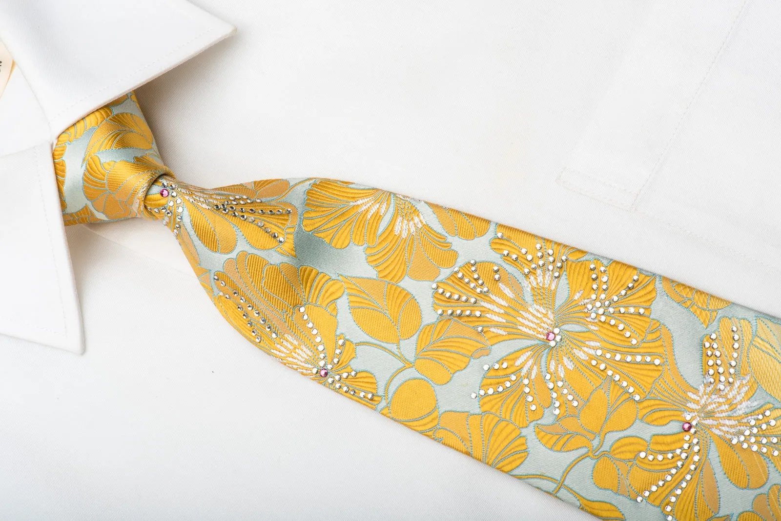 Nina Ricci Men's Silk Tie Orange Floral On Light Blue Sparkling With Rhinestones
