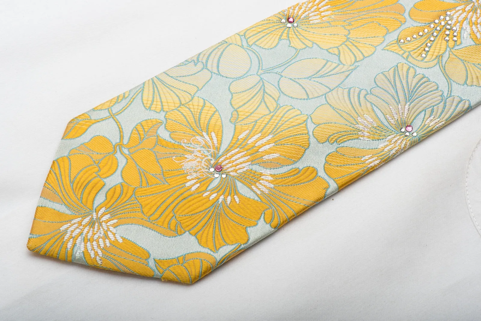Nina Ricci Men's Silk Tie Orange Floral On Light Blue Sparkling With Rhinestones