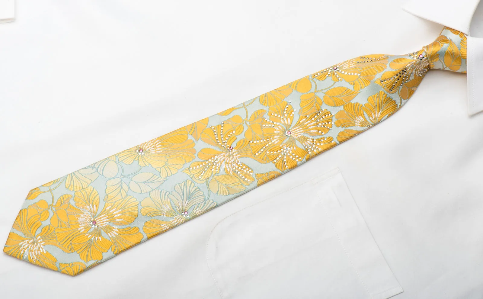 Nina Ricci Men's Silk Tie Orange Floral On Light Blue Sparkling With Rhinestones