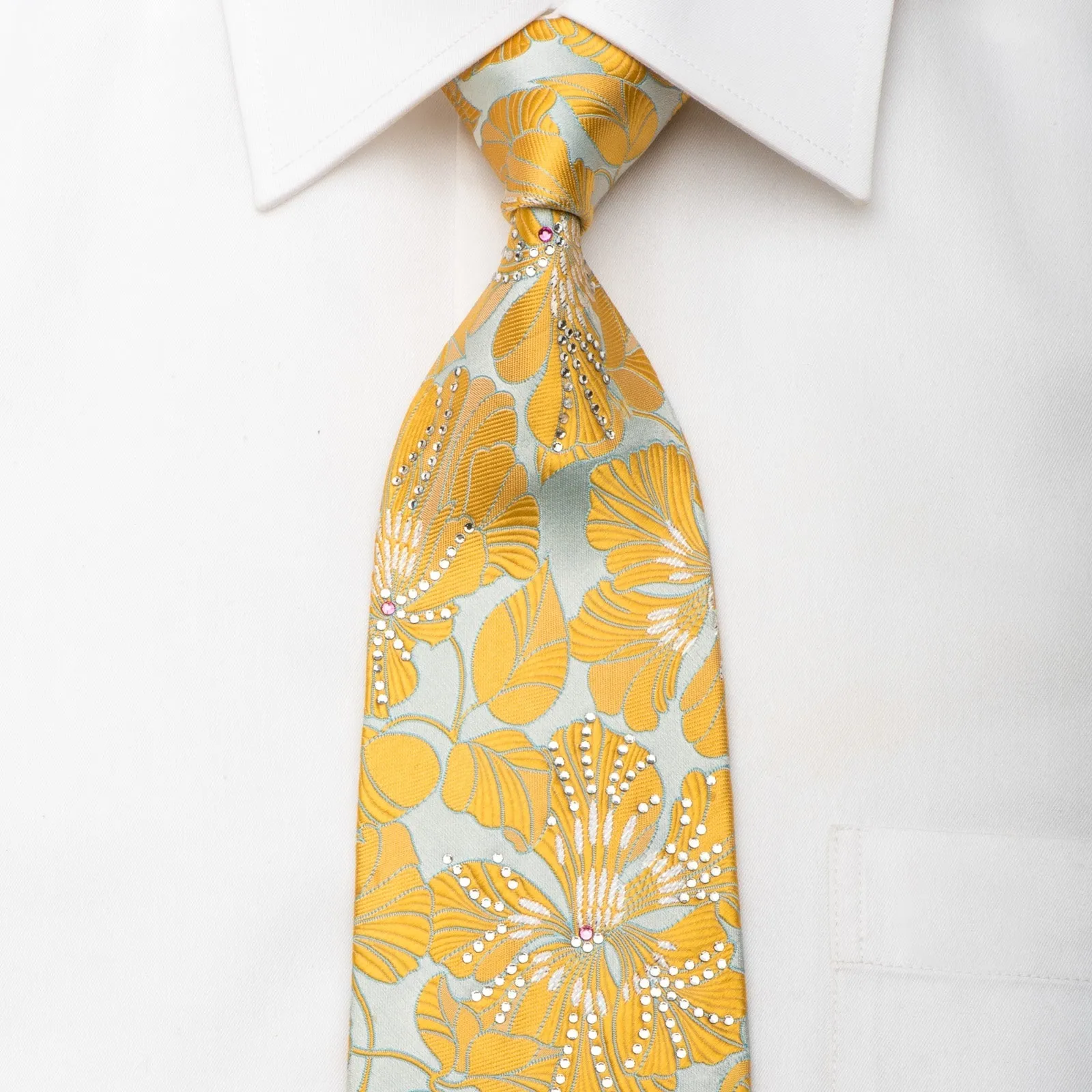 Nina Ricci Men's Silk Tie Orange Floral On Light Blue Sparkling With Rhinestones