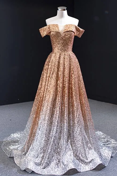 Off the Shoulder Gold and Silver Ombre Sequins Formal Dress