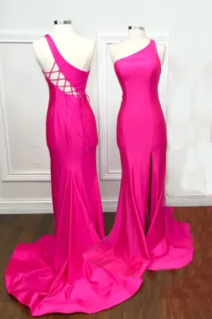 One Shoulder Hot Pink Mermaid Long Formal Dress