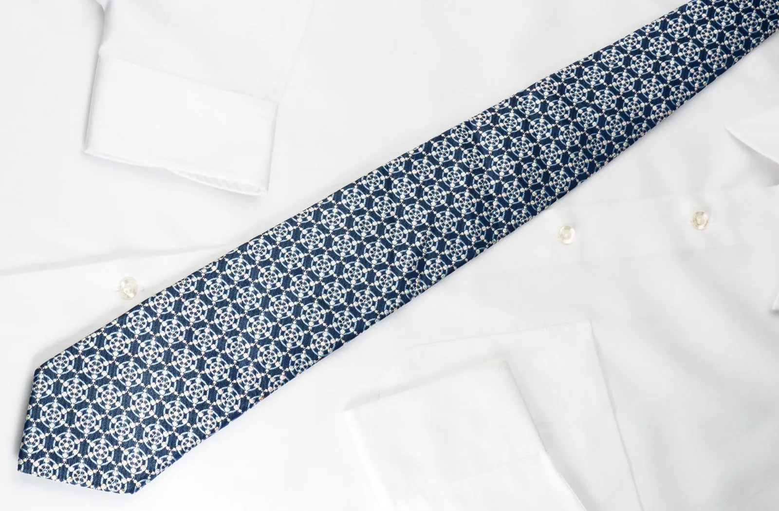 Park Land Silk Tie Medallions On Blue With Rhinestones & Sparkles