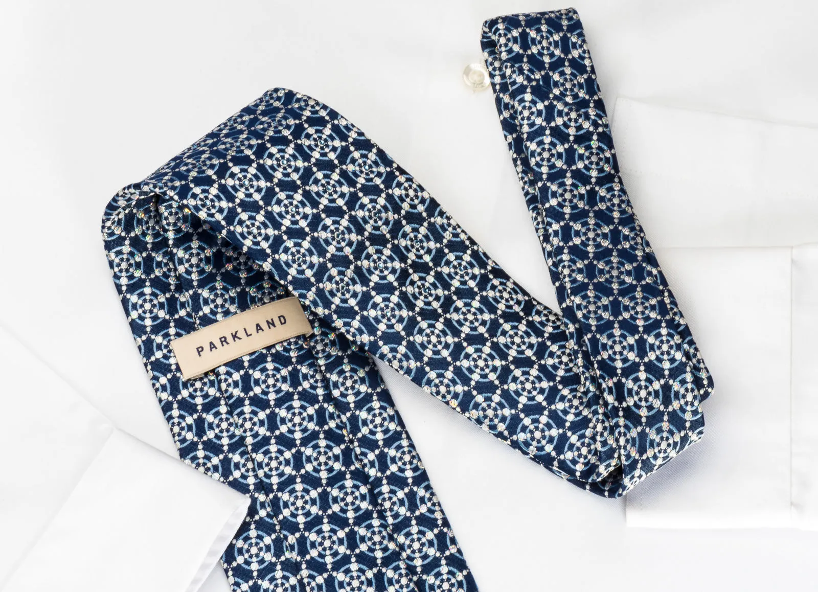 Park Land Silk Tie Medallions On Blue With Rhinestones & Sparkles