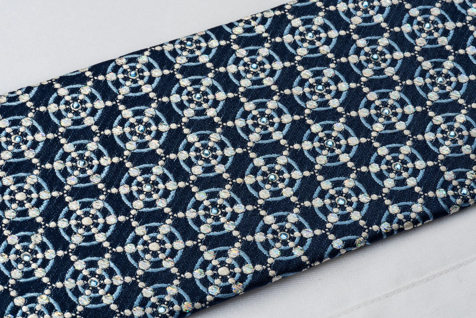 Park Land Silk Tie Medallions On Blue With Rhinestones & Sparkles