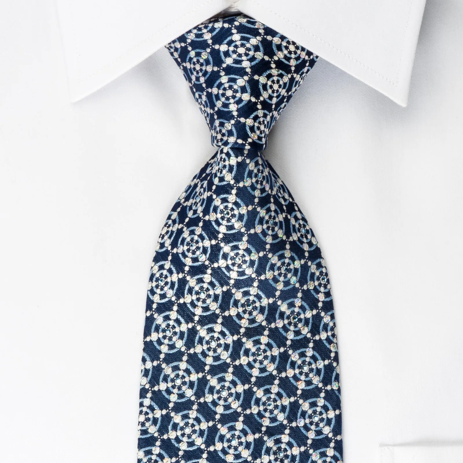Park Land Silk Tie Medallions On Blue With Rhinestones & Sparkles