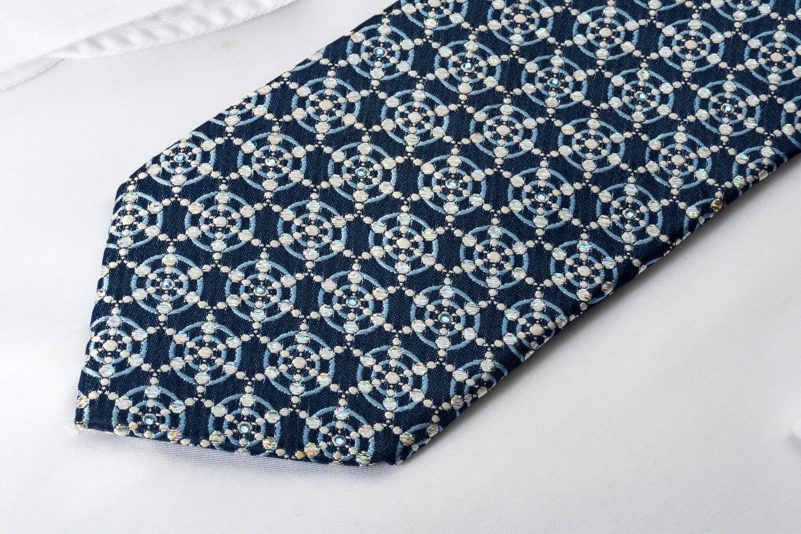 Park Land Silk Tie Medallions On Blue With Rhinestones & Sparkles