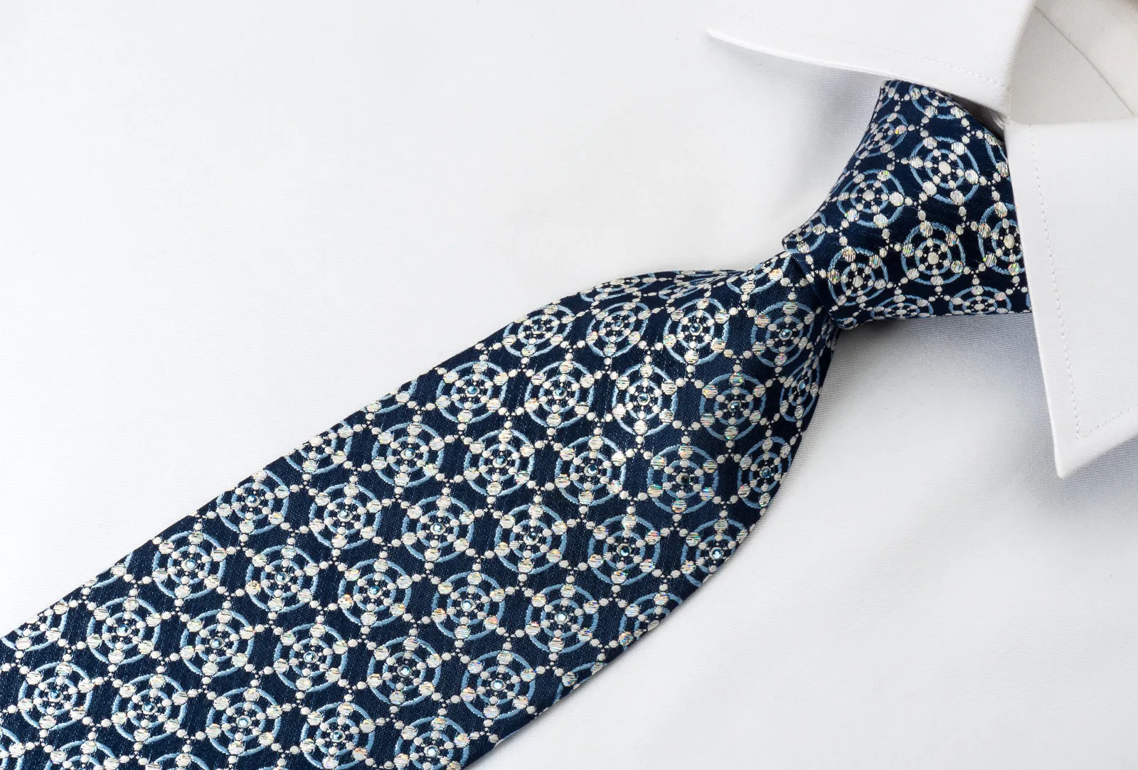 Park Land Silk Tie Medallions On Blue With Rhinestones & Sparkles