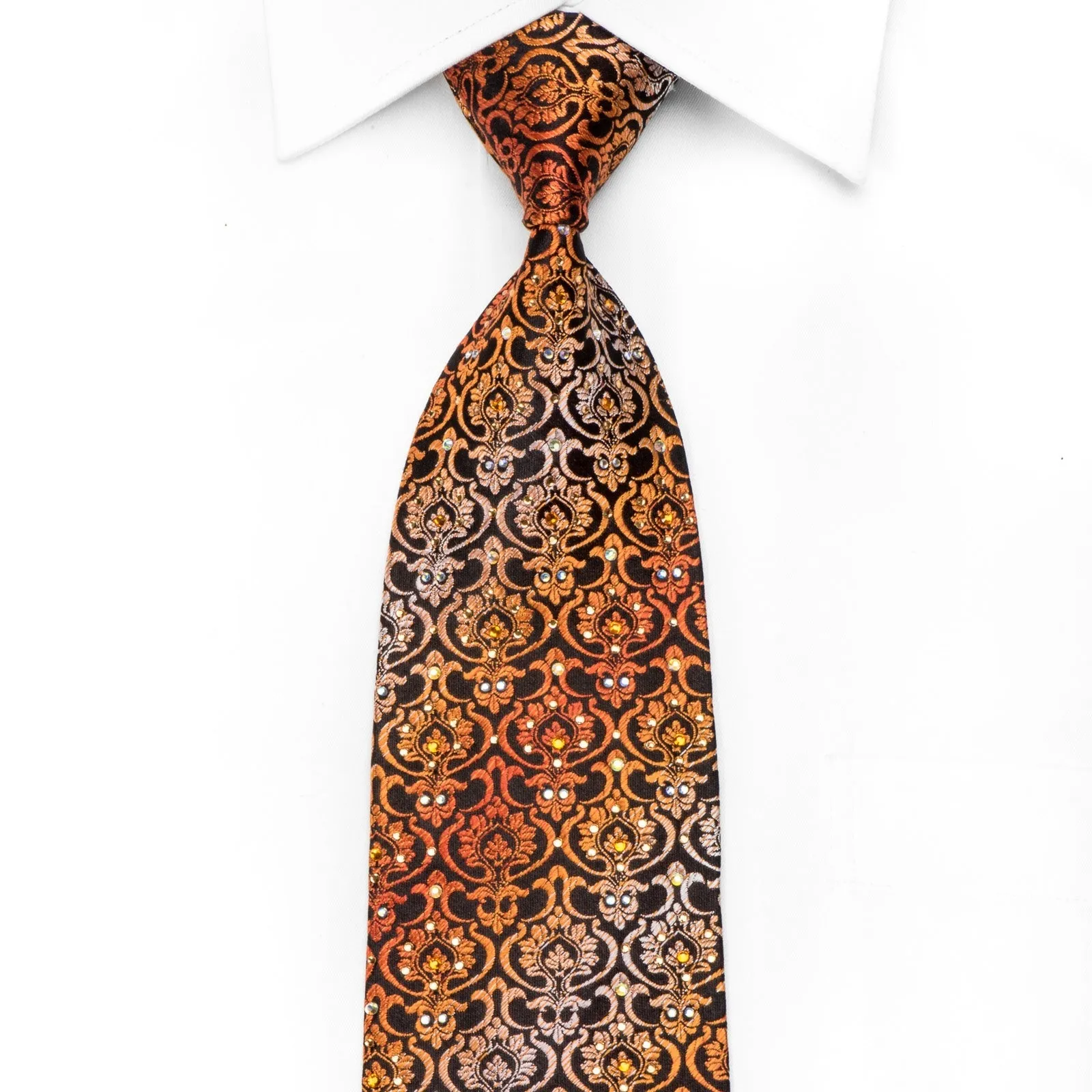 Perry Ellis Men's Silk Crystal Tie Orange Damask On Black