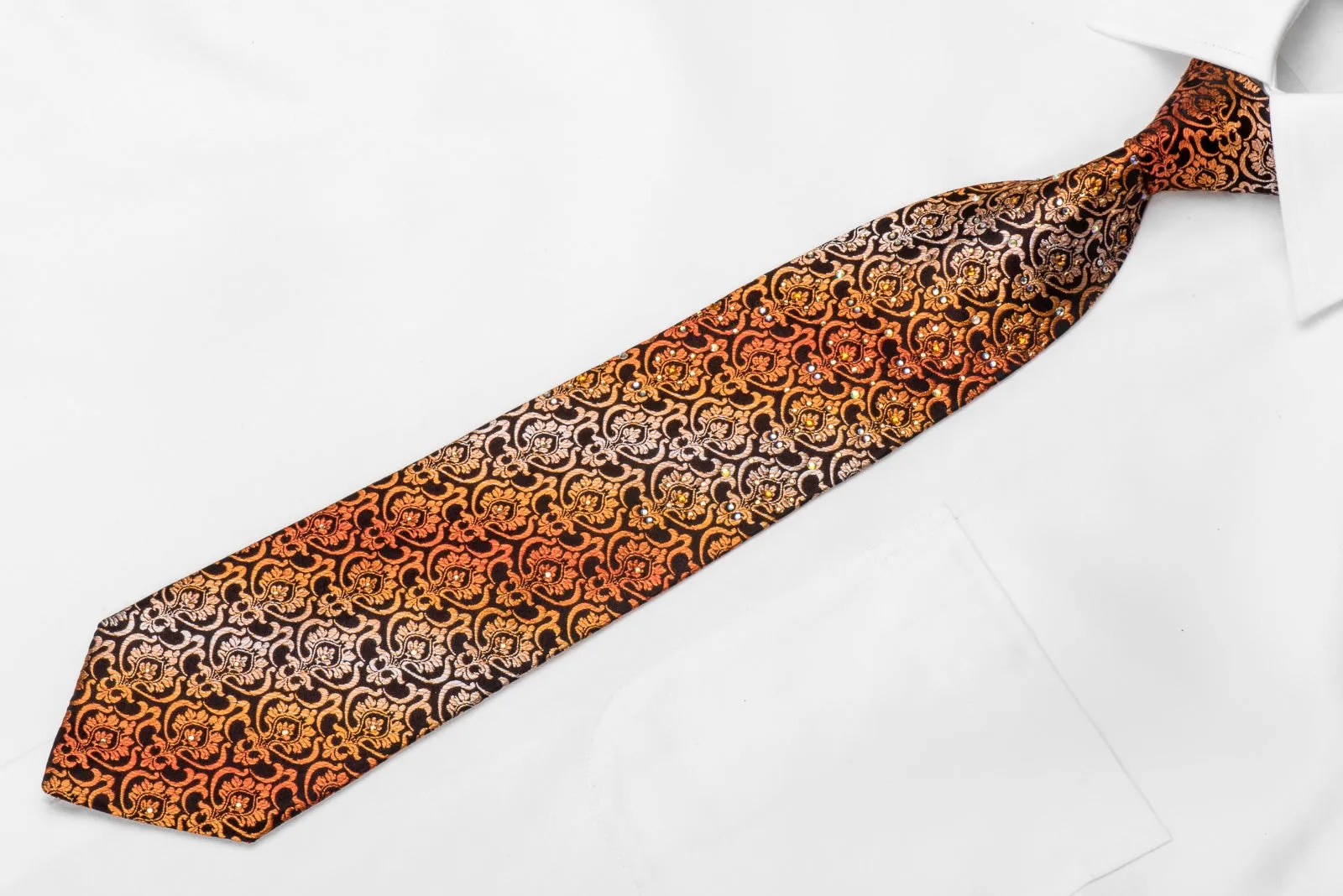 Perry Ellis Men's Silk Crystal Tie Orange Damask On Black