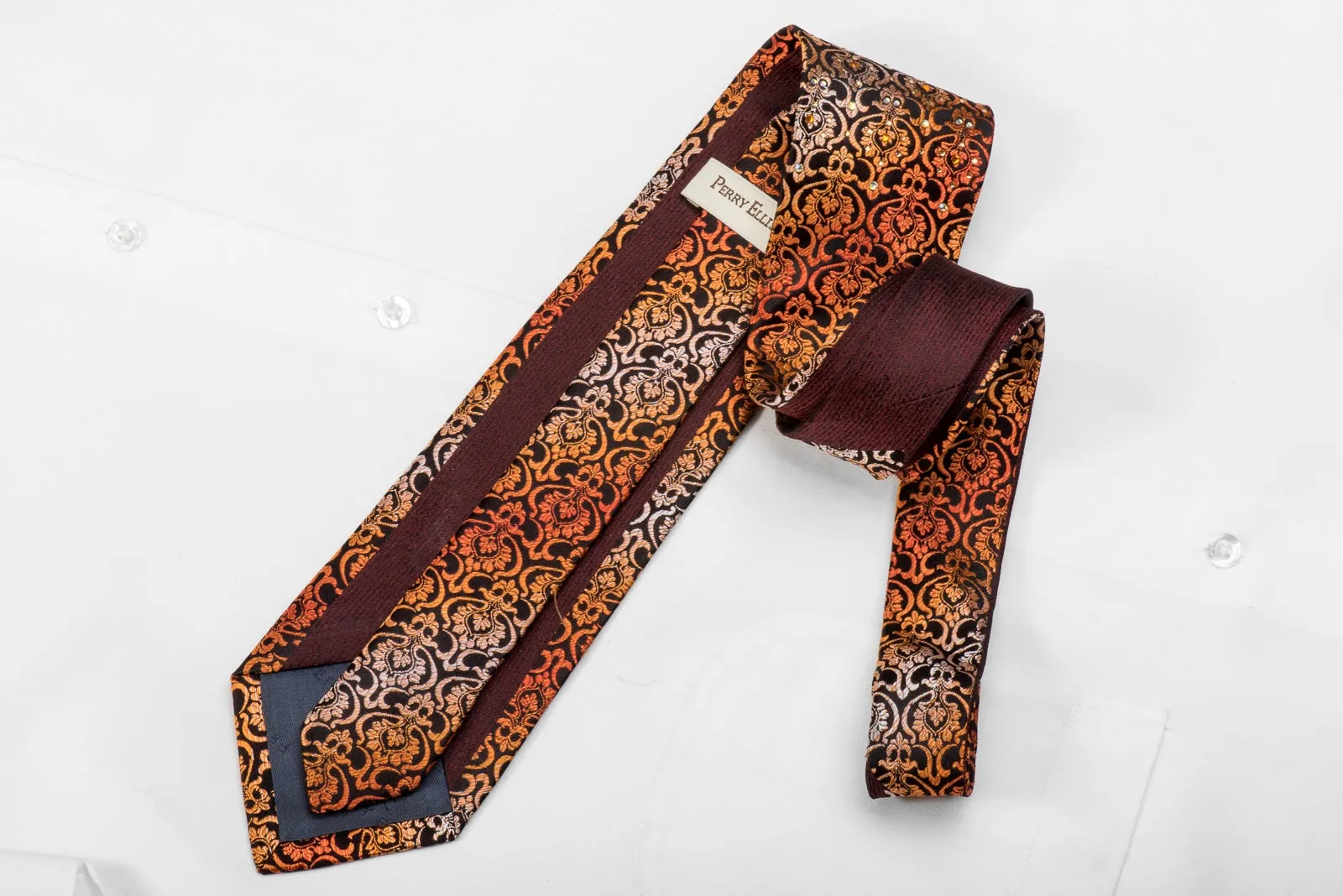 Perry Ellis Men's Silk Crystal Tie Orange Damask On Black