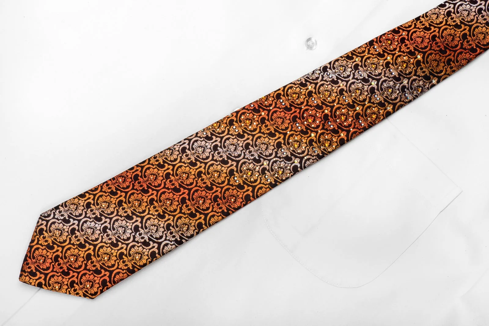 Perry Ellis Men's Silk Crystal Tie Orange Damask On Black