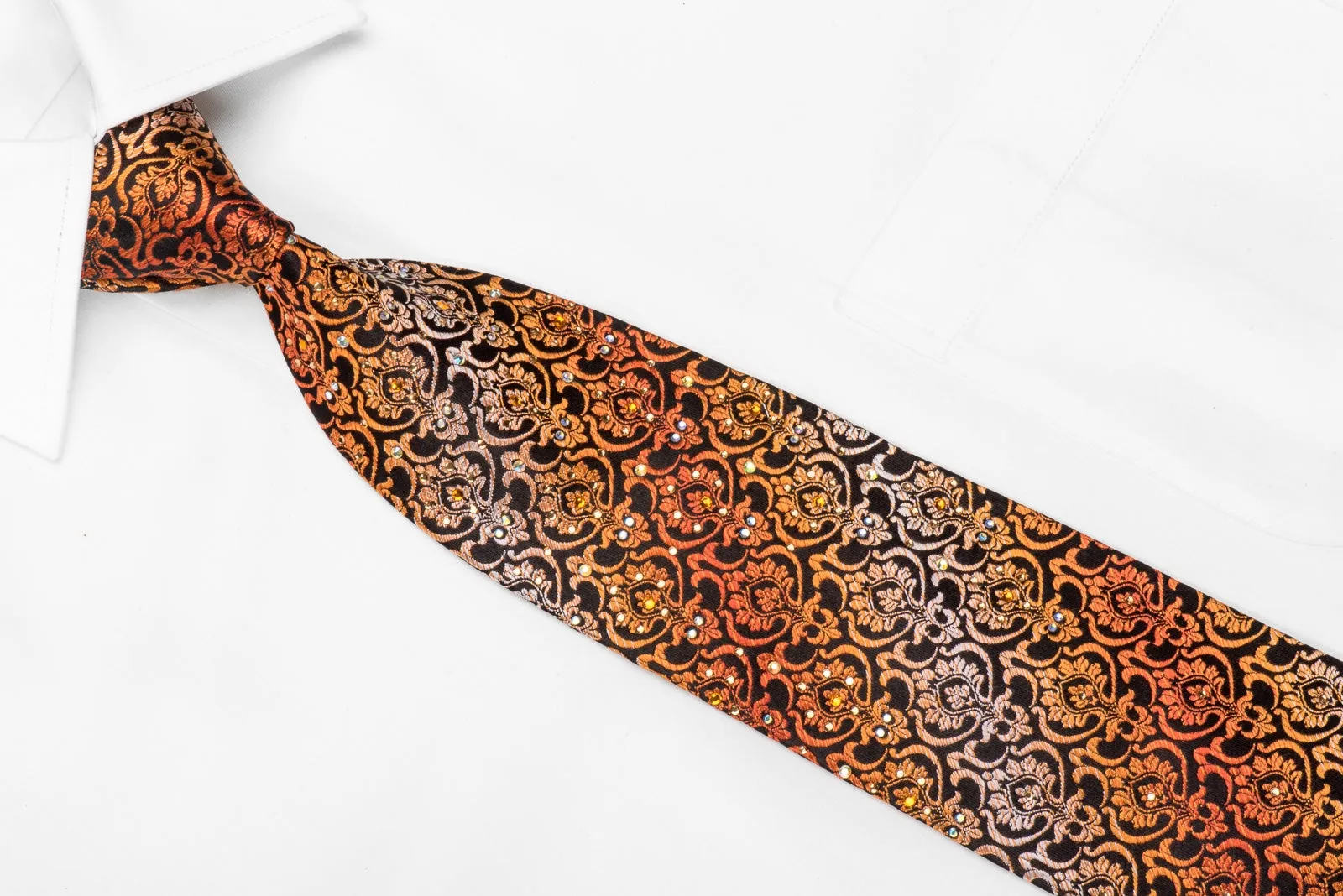 Perry Ellis Men's Silk Crystal Tie Orange Damask On Black