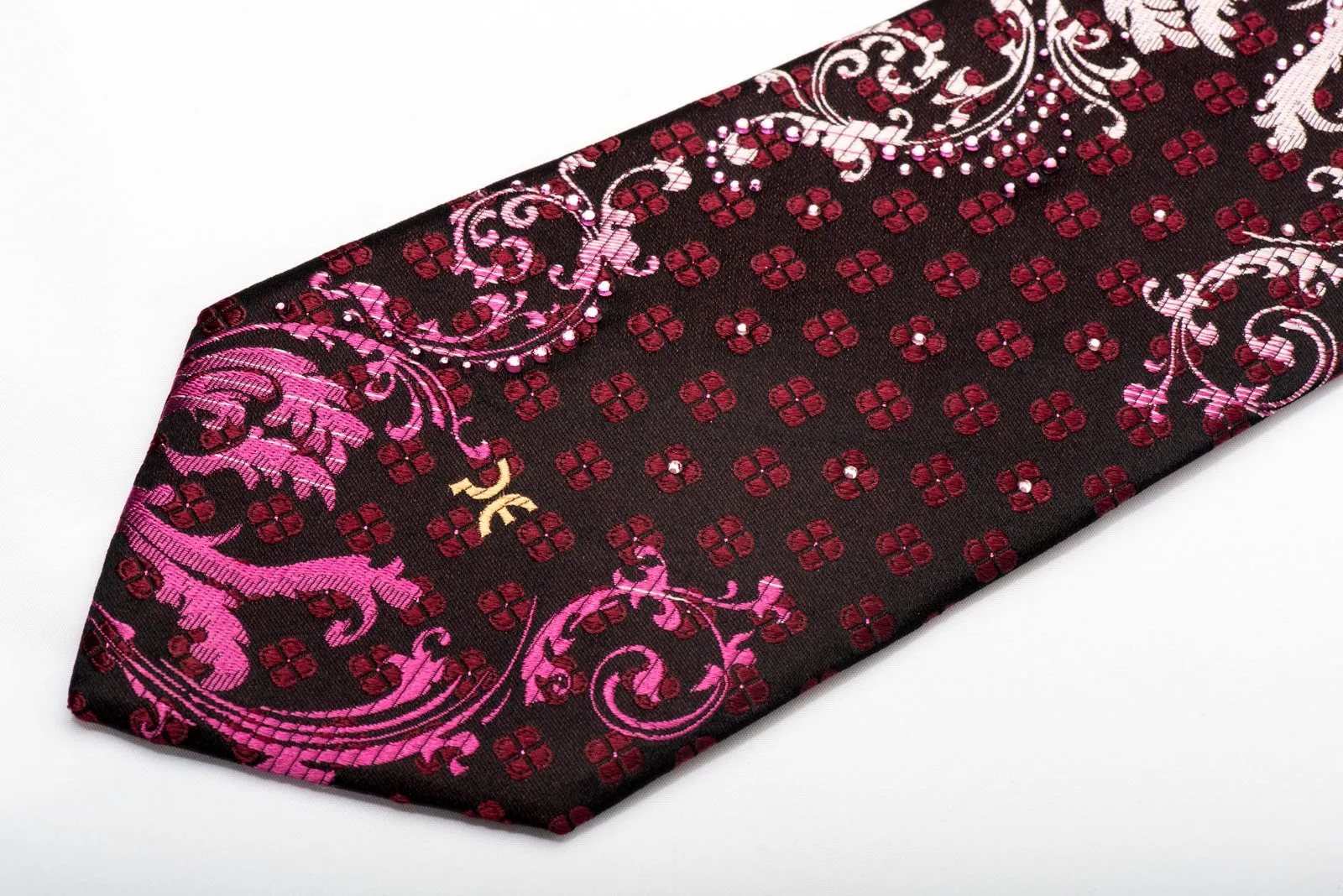 Perry Ellis Men's Silk Necktie Silver Acanthus On Black Burgundy Sparkling With Rhinestones