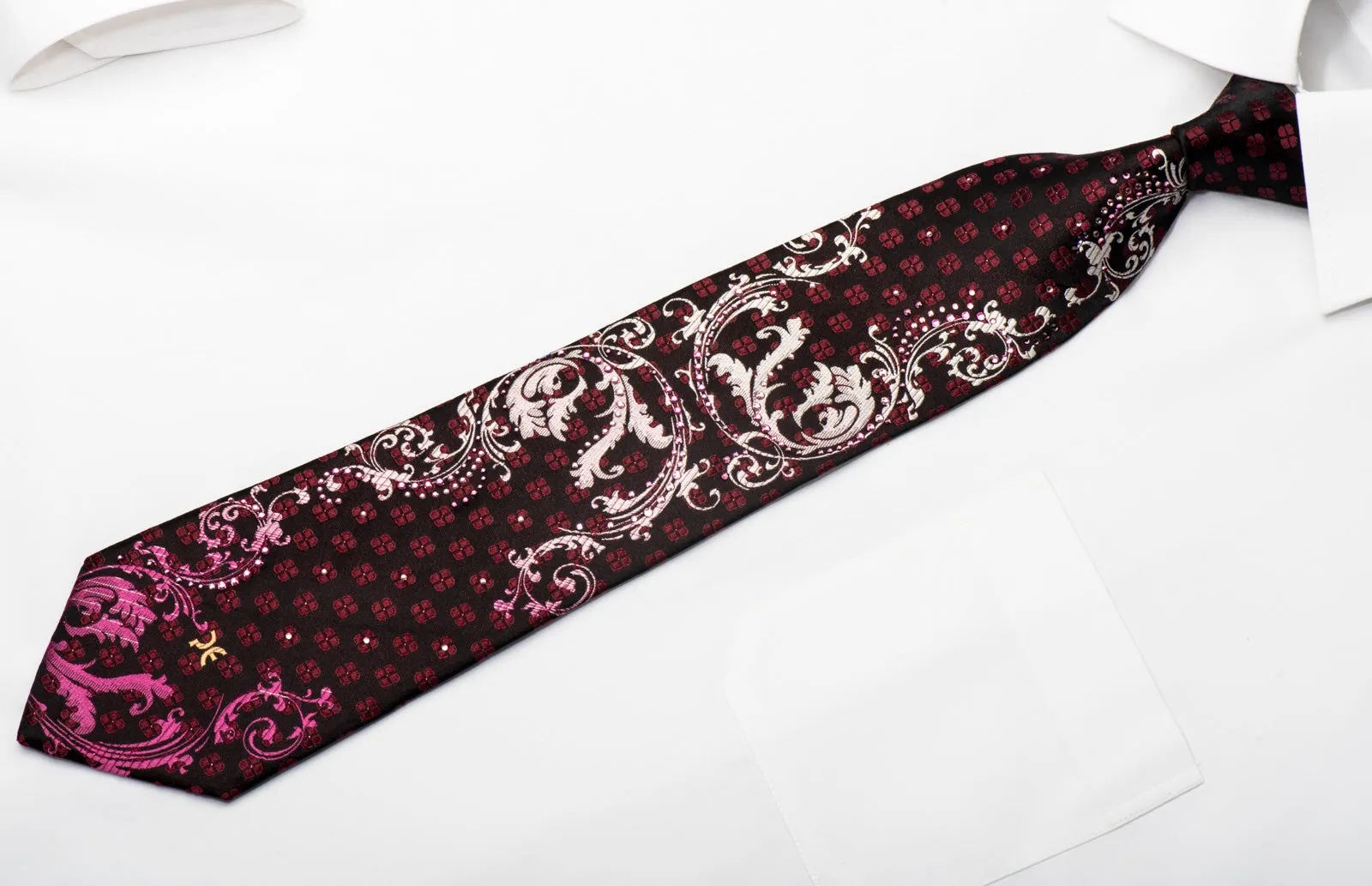 Perry Ellis Men's Silk Necktie Silver Acanthus On Black Burgundy Sparkling With Rhinestones