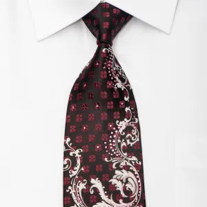 Perry Ellis Men's Silk Necktie Silver Acanthus On Black Burgundy Sparkling With Rhinestones