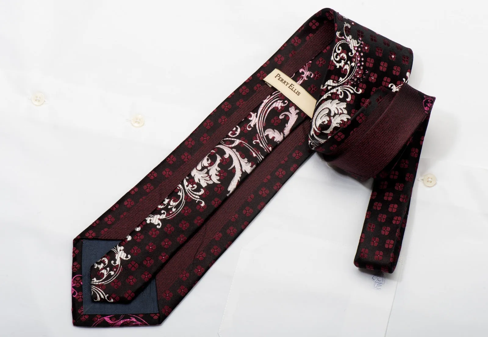 Perry Ellis Men's Silk Necktie Silver Acanthus On Black Burgundy Sparkling With Rhinestones