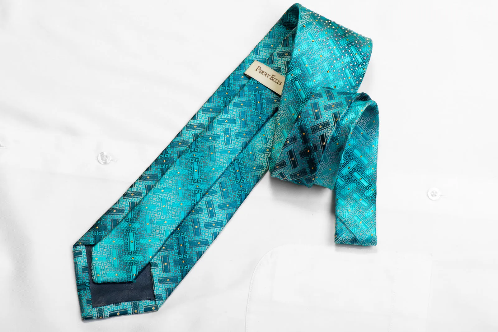 Perry Ellis Silk Necktie Teal Greek Key On Silver With Rhinestones & Gold Sparkles