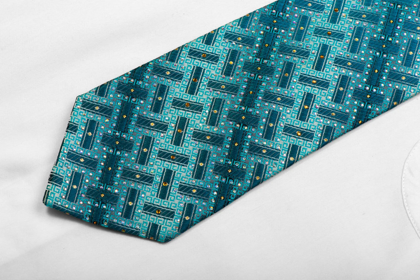 Perry Ellis Silk Necktie Teal Greek Key On Silver With Rhinestones & Gold Sparkles