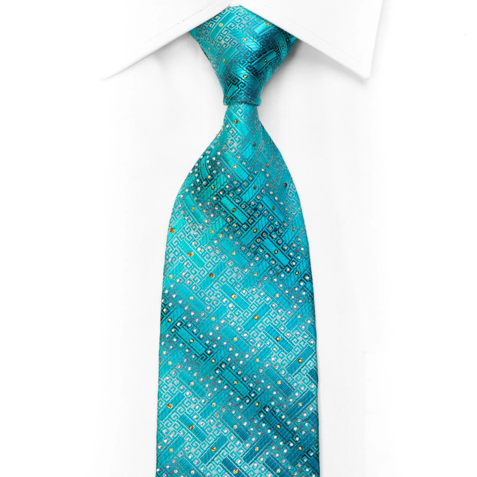 Perry Ellis Silk Necktie Teal Greek Key On Silver With Rhinestones & Gold Sparkles