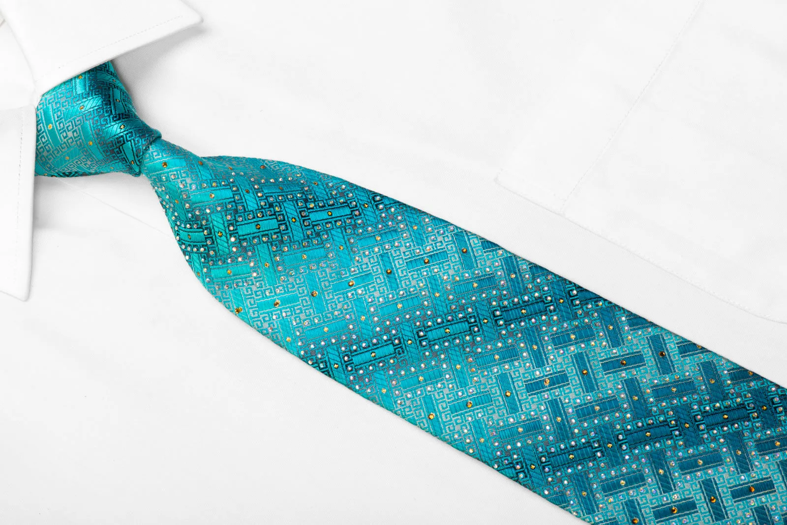 Perry Ellis Silk Necktie Teal Greek Key On Silver With Rhinestones & Gold Sparkles