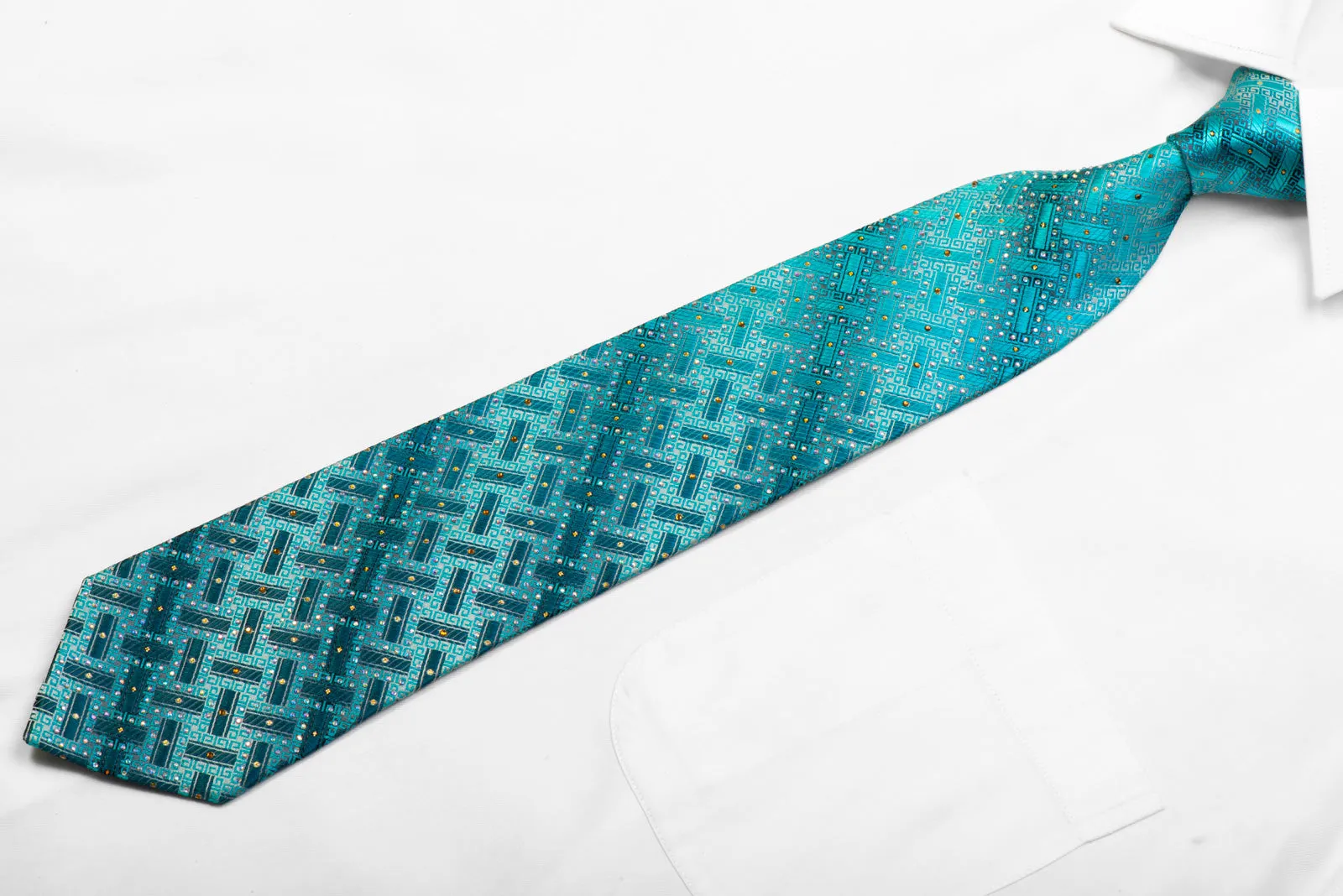Perry Ellis Silk Necktie Teal Greek Key On Silver With Rhinestones & Gold Sparkles
