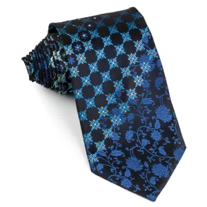 Pierre Balmain Neck Tie Floral Design On Dark Blue Silk With Rhinestones