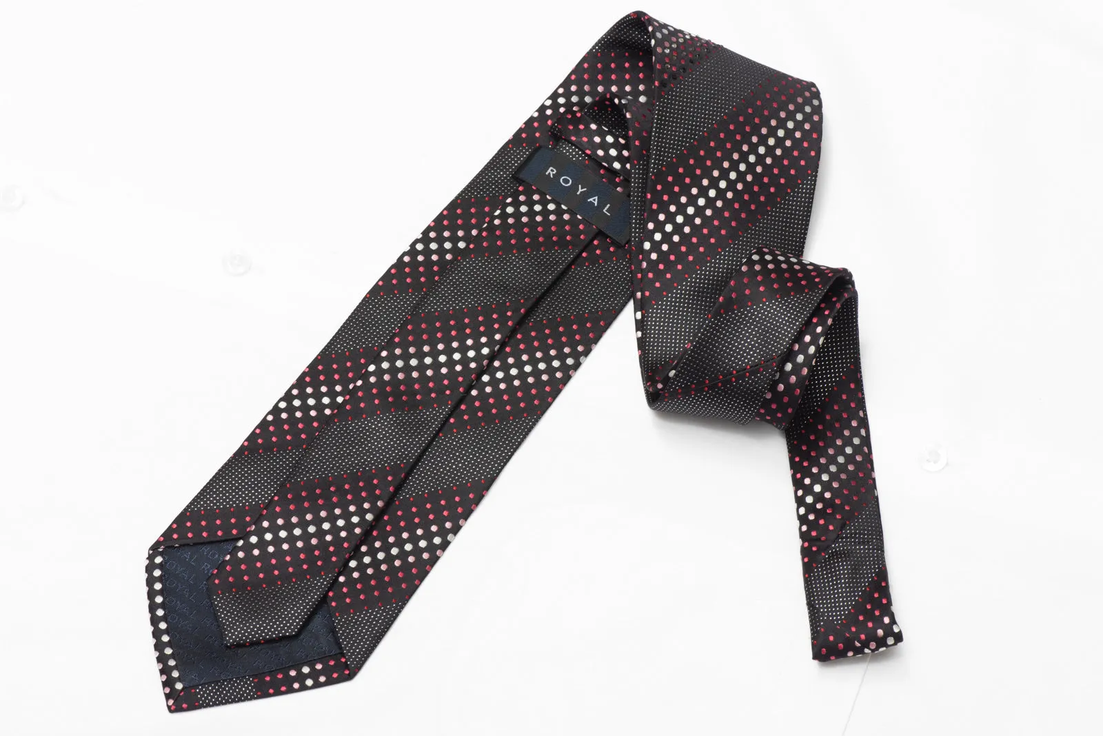 Pink Striped Dots On Black Silk Tie With Clear Crystal Rhinestones & Silver Sparkles