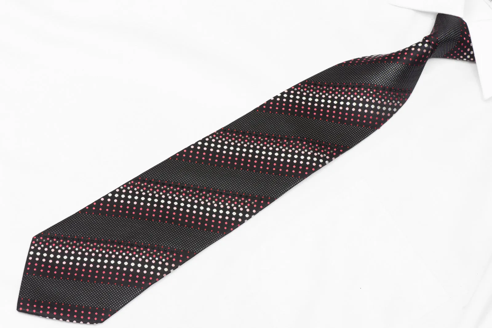 Pink Striped Dots On Black Silk Tie With Clear Crystal Rhinestones & Silver Sparkles