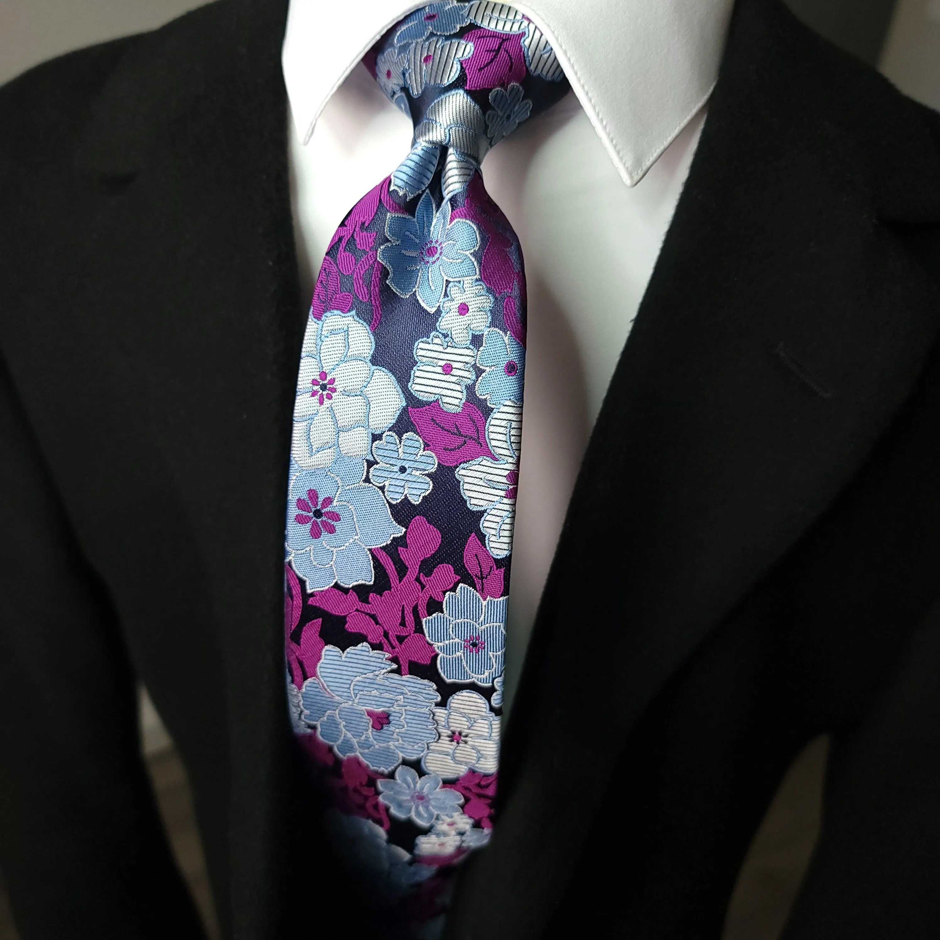 Purple Gray Floral Silk Tie Pocket Square Set